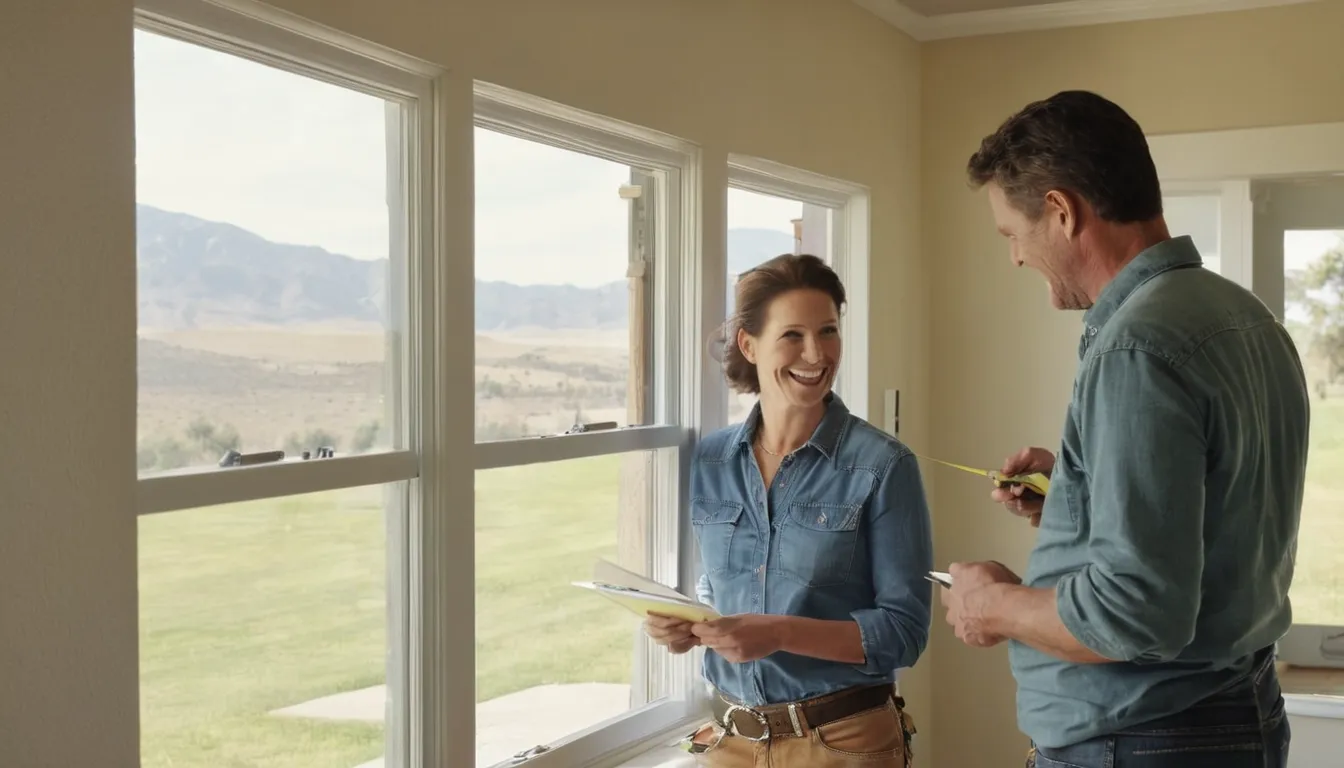 Friendly local provider measuring a new window in a stucco ranch home near Riverside
